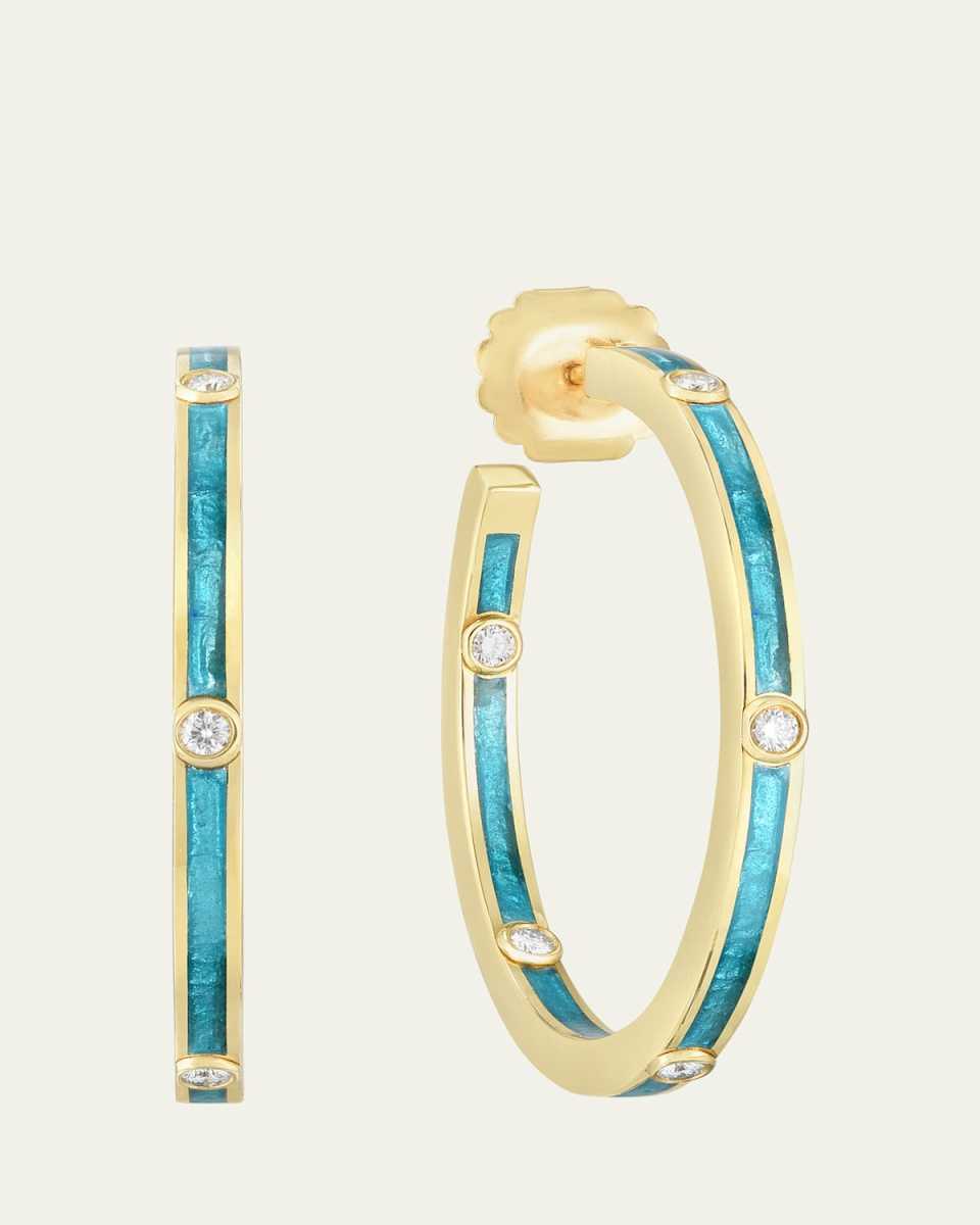 18K Yellow Gold Enamel Creole Hoop Earrings with Diamonds